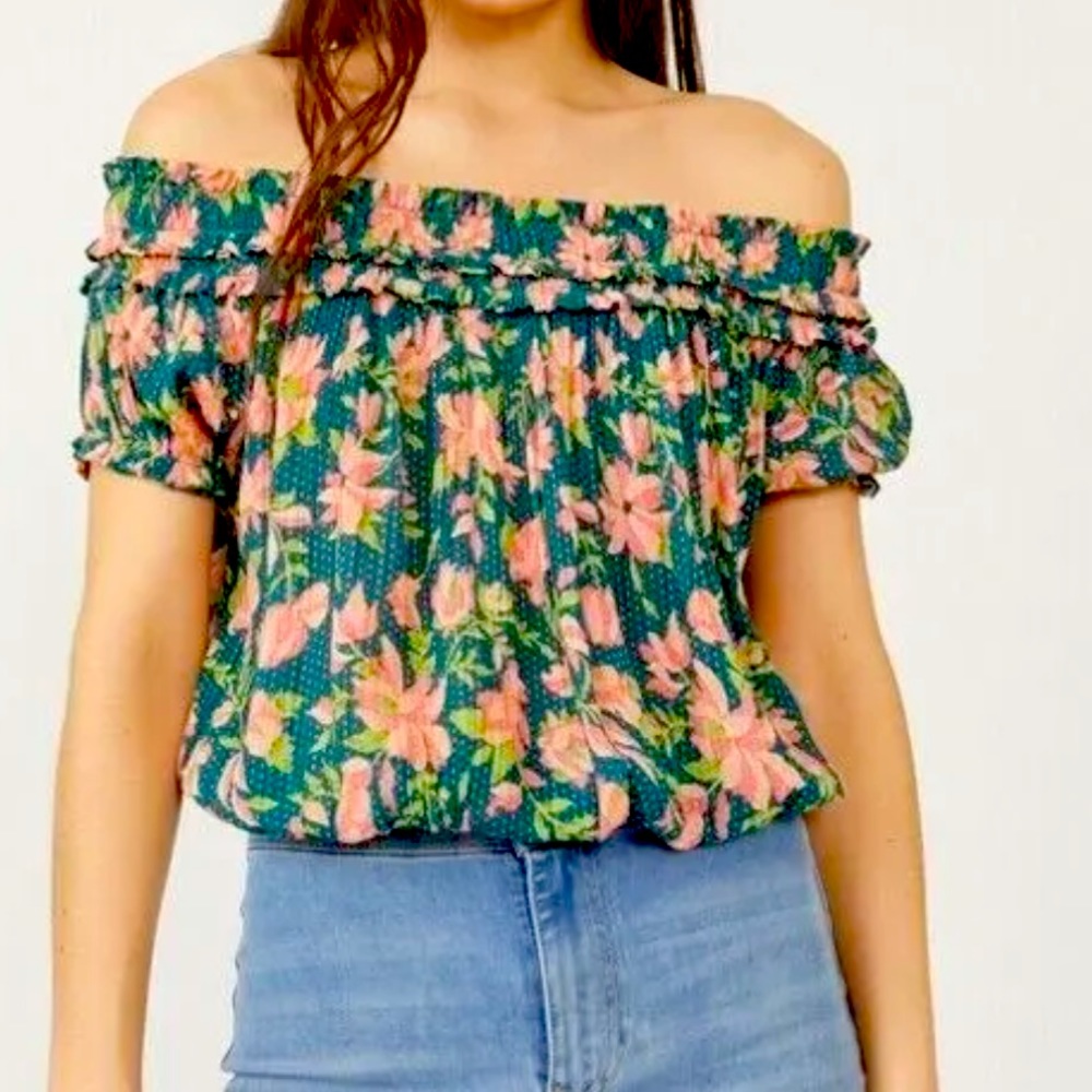 Free People Floral Print Blouse Size XS Green garden floral print off shoulder